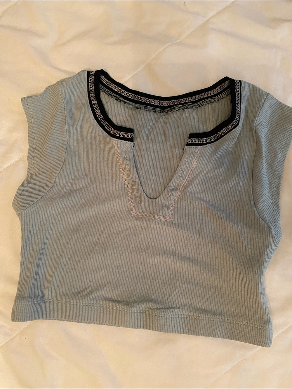 Ribbed V-Notch Crop Top in Pale Blue with Contrast Trim
